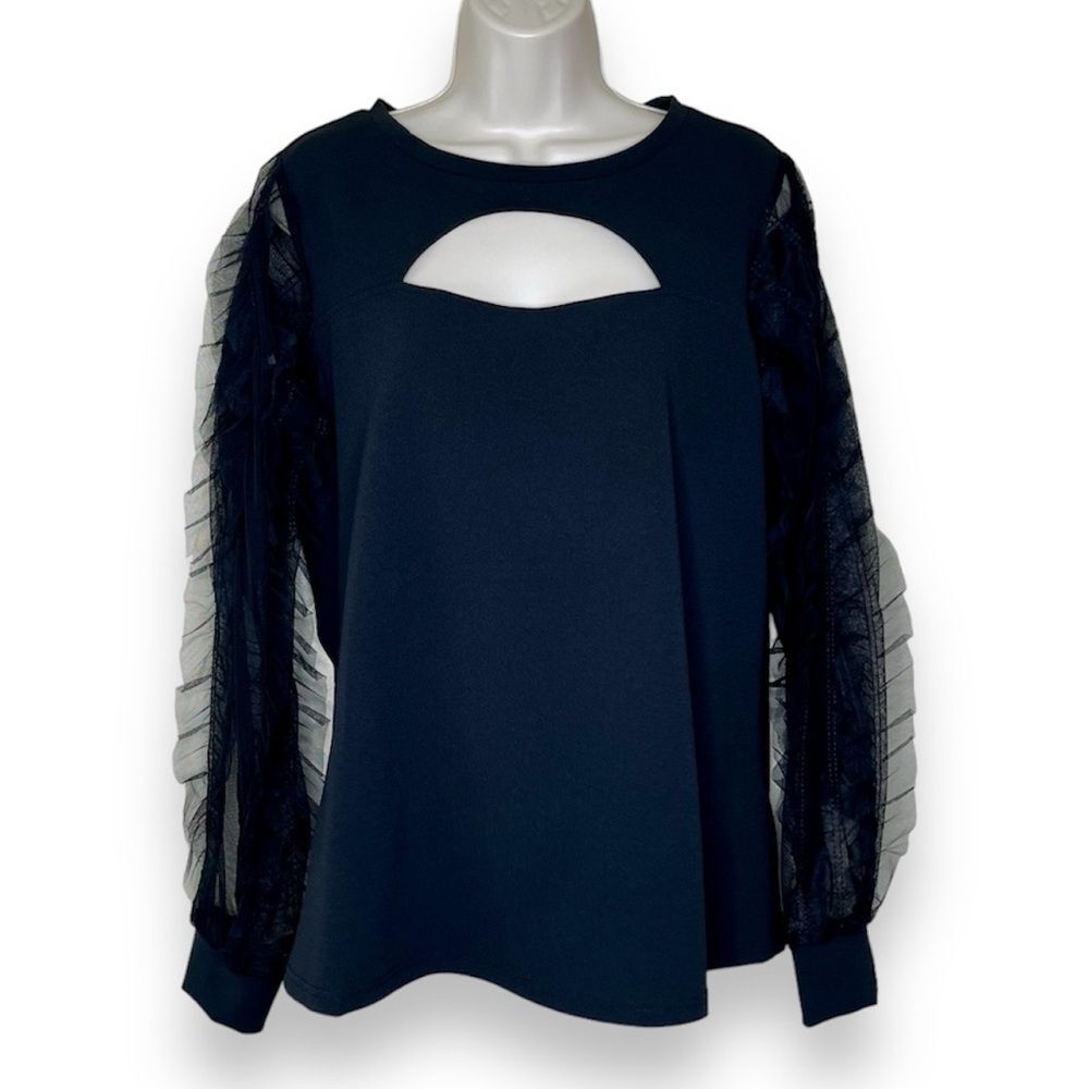 NWT A Love Story Cut Out Front Mesh Ruffle Long Sleeve Black Top Women Size 1X